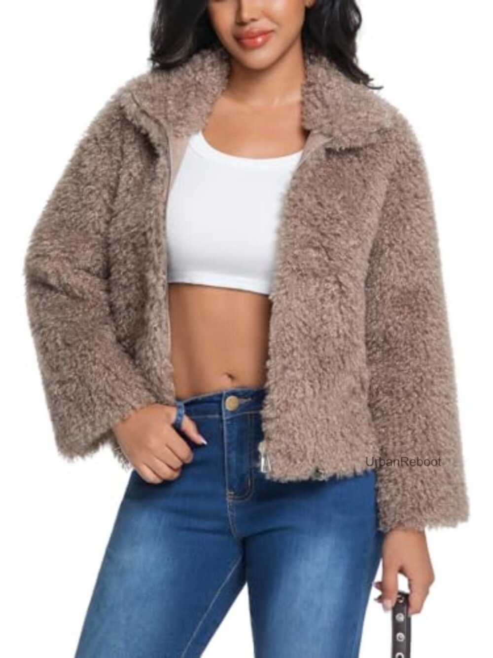 Women's Faux Fur Cropped Fleece Jacket Open Front Shaggy Winter Coat